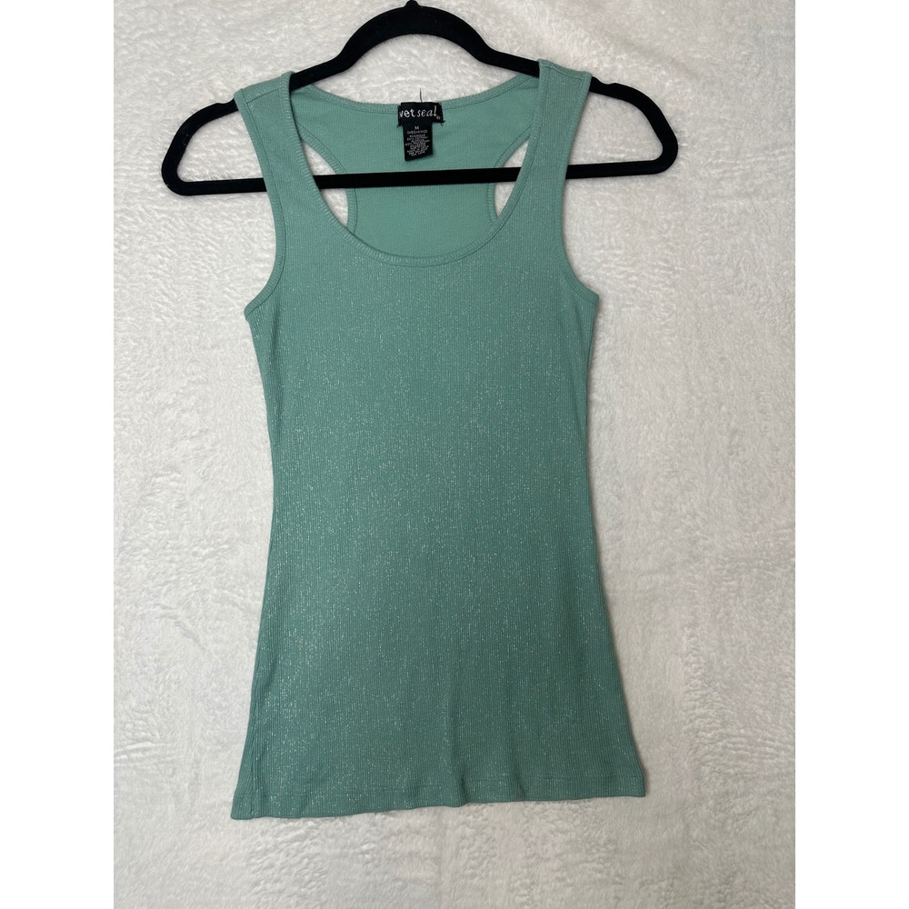 Wet Seal Tank Top Womens Medium Green Y2K Shimmer Ribbed Racerback 1023